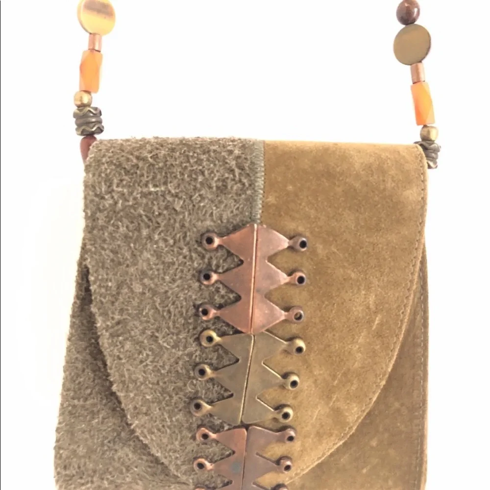 LEATHEROCK Olive & Tan Suede Box Shoulder Bag with Bead & Bronze Detail - Picture 12 of 13
